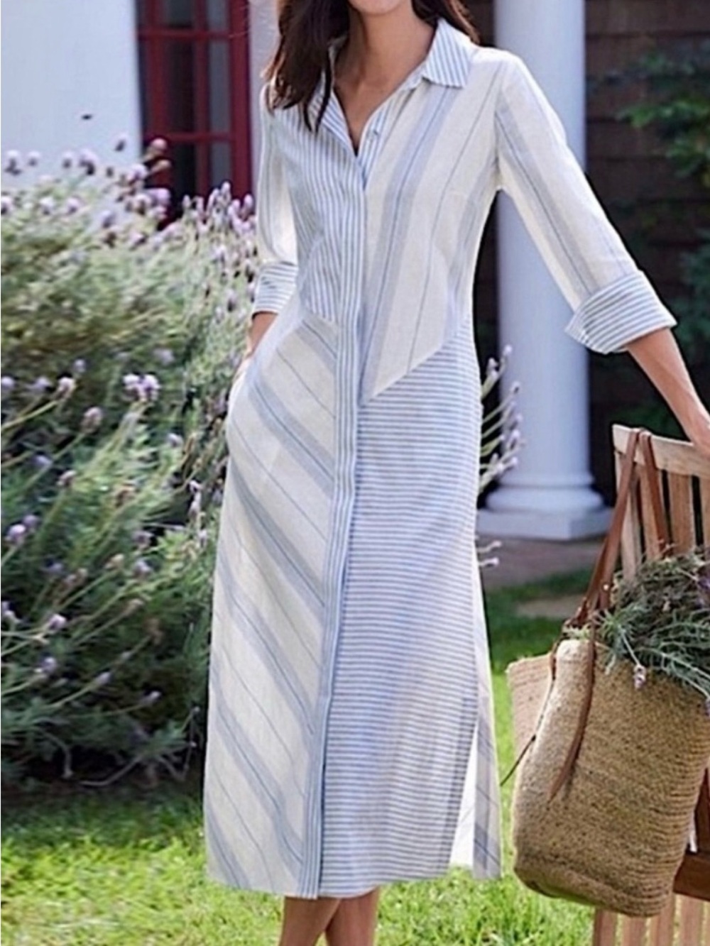 Soft Surroundings Seaport Linen Blue and White Striped Midi Shirt Dress, Size 2X